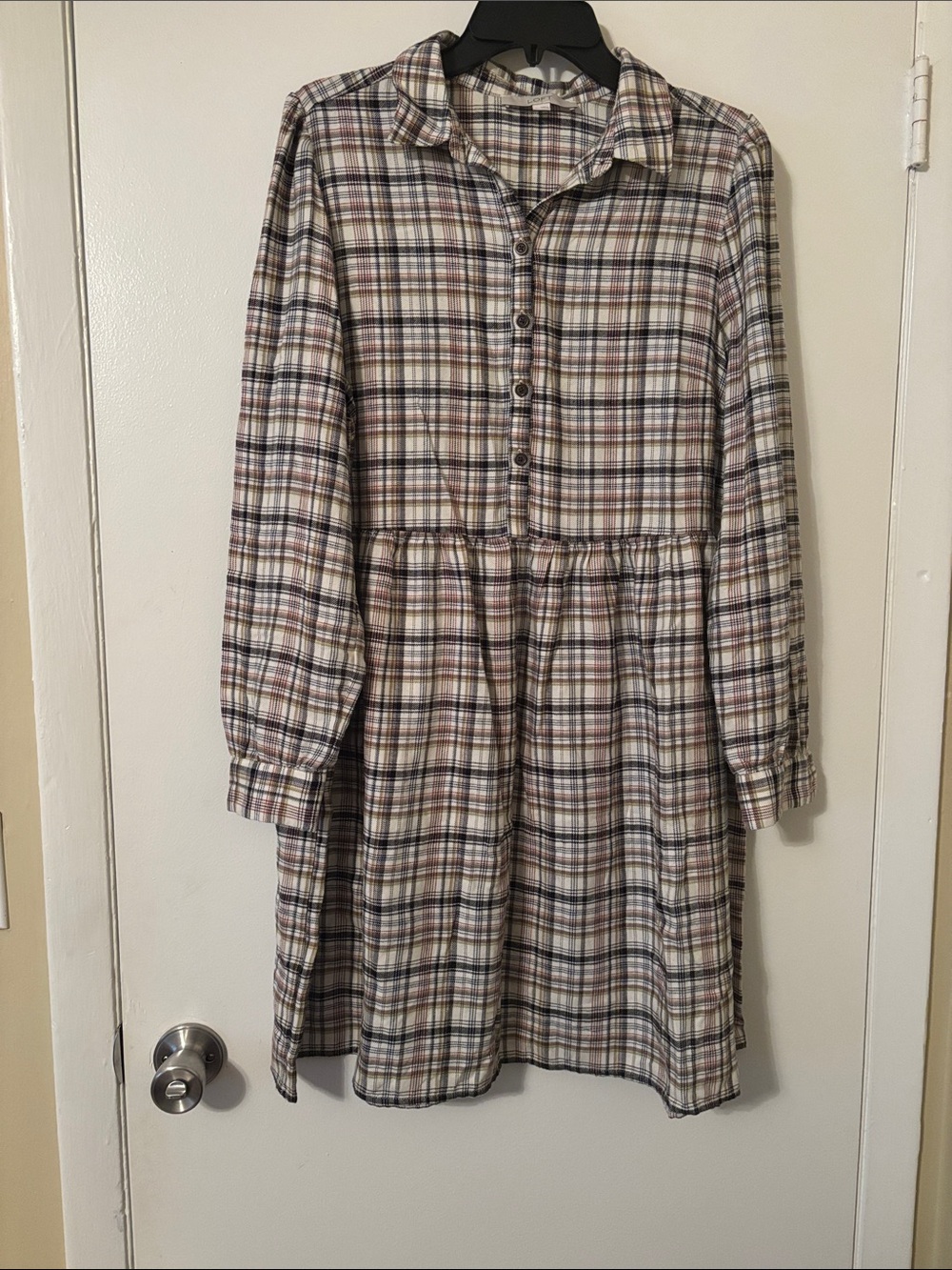 LOFT Plaid Long-Sleeve Button-Front Shirt Dress in Cream and Brown